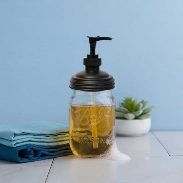 Black pump on jar with soap and towels