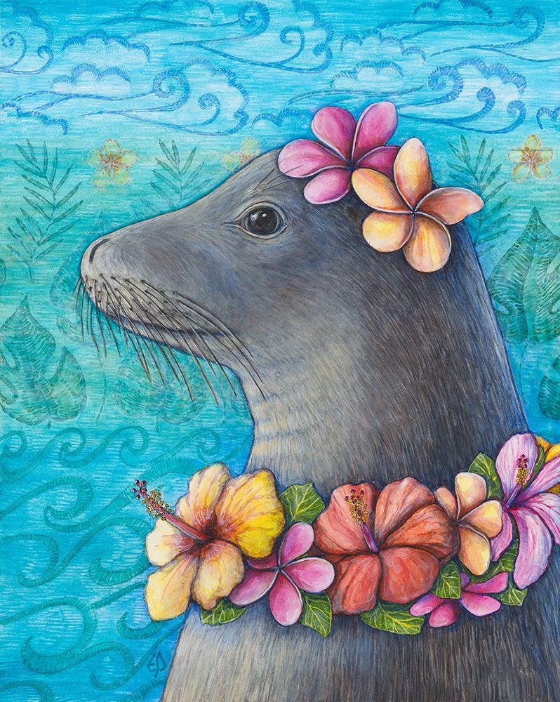 Princess Puanani Hawaiian monk seal animal portrait art print