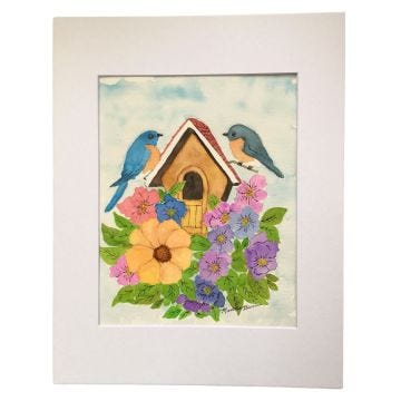 Handpainted Watercolor Birdhouse with Bluebirds