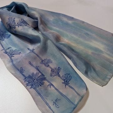 hand painted chicory blooms in blue on painted blue and periwinkle background